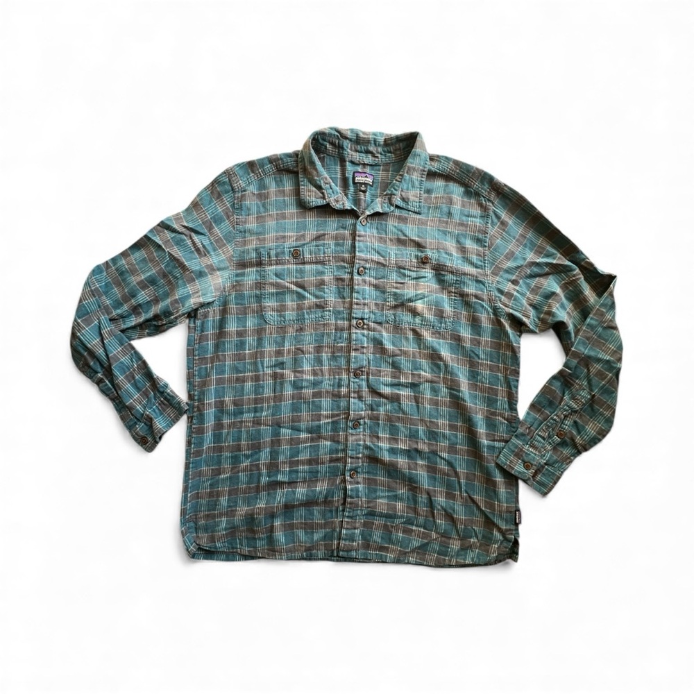 Patagonia Men's Teal and Gray hemp & organic cotton blend plaid Shirt men Sz XL